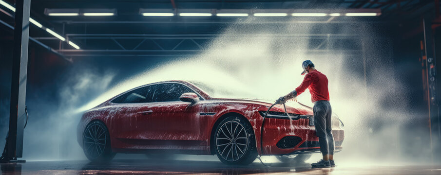 Professional carwash. Car wash with white soap and foam on luxury cars. Washing by Using High Pressure Water.