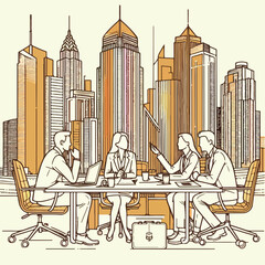 A dynamic cityscape backdrop sets the stage for a meeting of brilliant minds, discussing the latest business concepts.