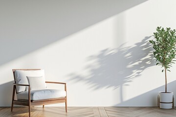 Fototapeta premium Mock-up of an interior poster in a living room featuring an armchair against an empty white wall background, rendered in 3D