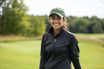 Portrait of a satisfied girl in her 30s playing golf on a course. With generative AI technology