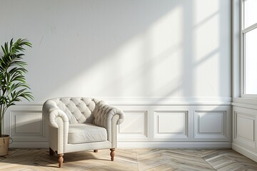 
Mock-up of an interior poster in a living room featuring an armchair against an empty white wall background, rendered in 3D