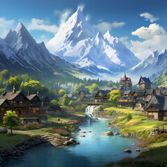 Naklejka premium A tranquil village nestled at the foot of a majestic mountain range created with Generative Ai