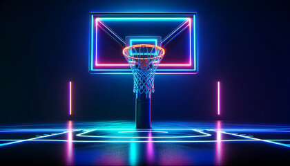 Neon basketball hoop with a futuristic design, with glowing lines on the court against a dark background. Futuristic sports concept. AI generated. - obrazy, fototapety, plakaty