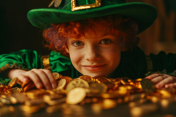 Child in leprechaun costume with gold coins for St. Patrick's Day. Generative AI image