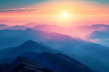 Spectacular view of a mountainous horizon at sunset, with the sun dipping behind towering peaks and casting long shadows. - obrazy, fototapety, plakaty