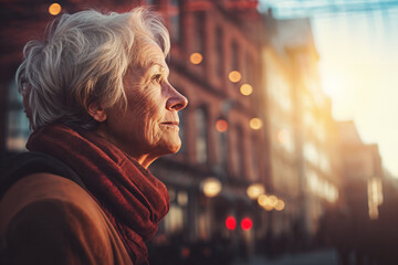 Obraz premium A lonely woman wearing a coat and scarf standing outside in an urban setting