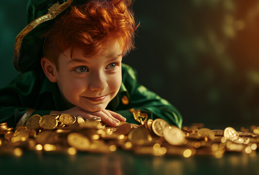Child in leprechaun costume with gold coins for St. Patrick's Day. Generative AI image