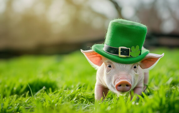 Adorable Piglet in Green Hat Celebrating St. Patrick's Day. Generative AI image