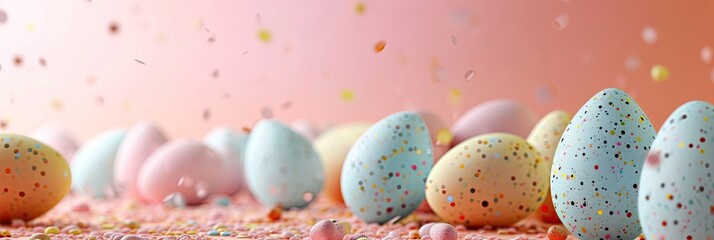 Banner for celebration of Easter holiday. Colorful Easter eggs onf festive background with copy space for text