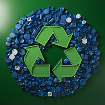 Generative AI illustration of green recycling symbol surrounded by a circle of blue plastic caps on a green background, representing sustainability