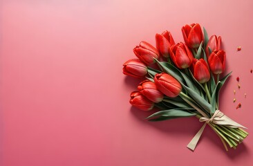 Mother's Day concept. Top photo of a bouquet of red tulips tied with craft thread on an isolated red background with copy space