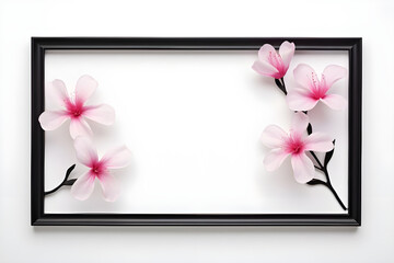 Blank frame with pink magnolia flowers on white background - Ai Generated