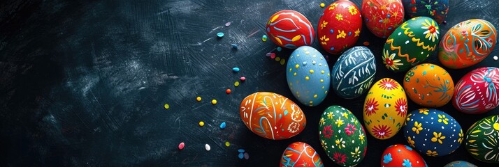 Banner for celebration of Easter holiday. Colorful Easter eggs onf festive background with copy space for text