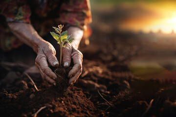 Planting a sapling at sunset in fertile soil. Generative AI image