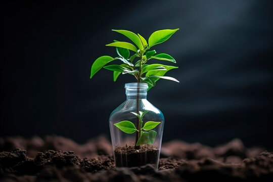 Green plant growing in an upcycled bottle concept. Generative AI image