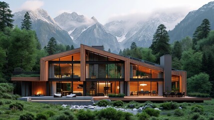 a majestic wooden residence, its clean lines and large windows framing panoramic views of mountains...
