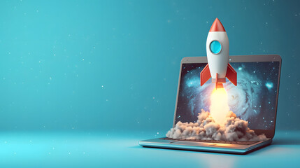 Rocket launches from a laptop screen, indicating business growth and high-speed Internet.