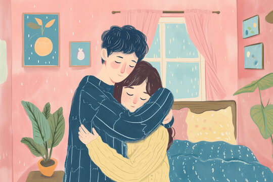Tender embrace in a cozy pink bedroom. Generative AI image