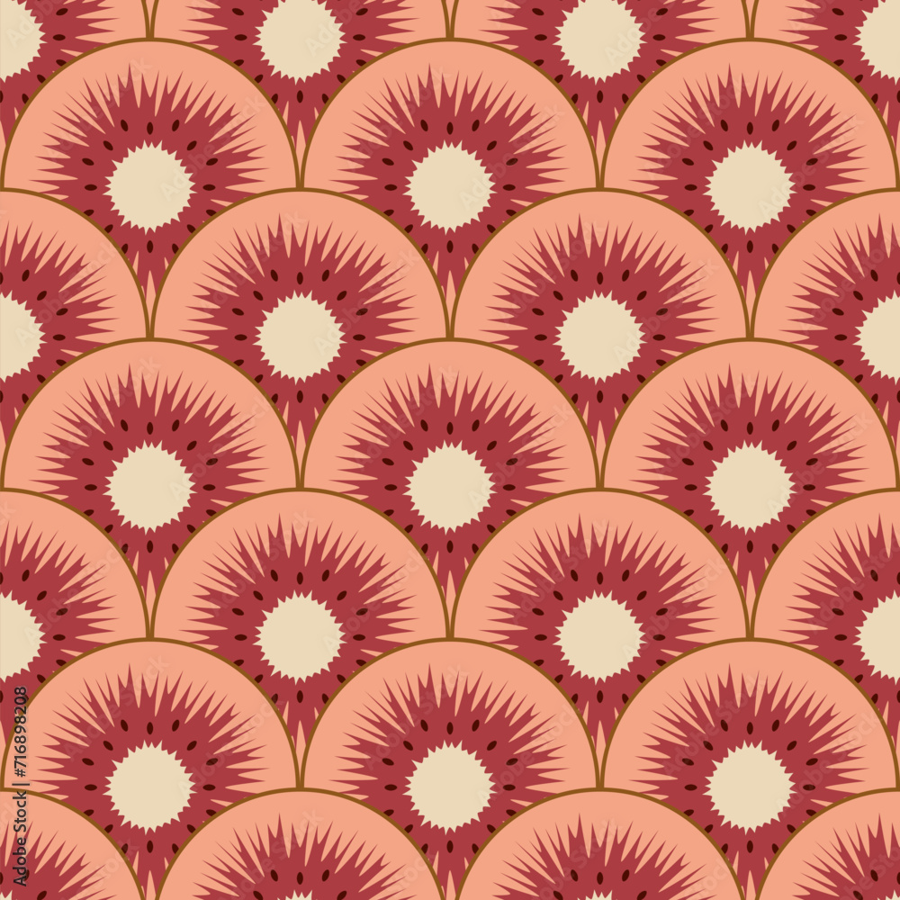 Poster seamless pattern with cut red kiwi fruit. vector colorful background.