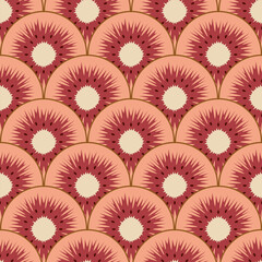 Seamless pattern with cut red kiwi fruit. Vector colorful background.