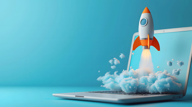 Rocket launches from a laptop screen, indicating business growth and high-speed Internet.
