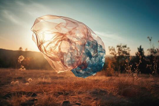 Generative AI illustration of ethereal plastic bag dancing in the golden light of a sunset over a serene grassy field