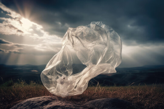 Generative AI illustration of plastic bag is caught in a dramatic dance with the wind on a hilltop, under the rays of a crepuscular sky