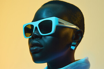 Fashionable black woman portrait in turquoise and yellow tones. Generative AI imagea