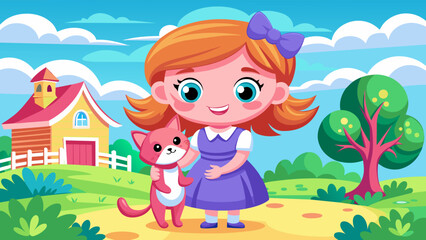 Obraz na płótnie Canvas Happy child and pet cat standing outside a charming farmhouse