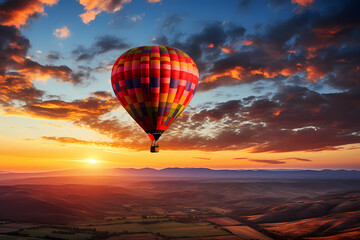 Obraz premium Colorful Hot Air Balloon Gliding at Sunset Over Rolling Hills