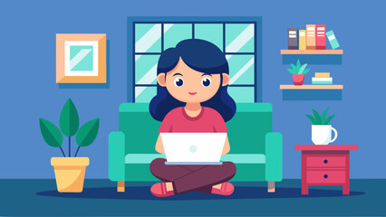 Freelance woman working on laptop at home. vector illustration