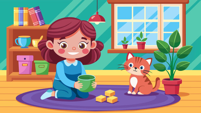 Cheerful cartoon girl with cat playing indoors with colorful ambiance