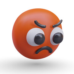 Angry emoji model in red color. Side view on emoticon wits sad reaction. Serious, mad, face. Vector illustration in 3d style with shadow and white background