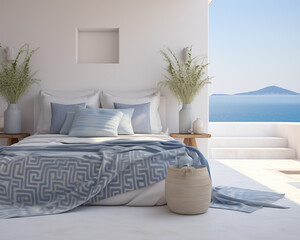 Greece Style Bedroom Mockup, 3D Mockup Render, Interior Design