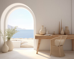 Greece Style Home Office Mockup, 3D Mockup Render, Interior Design - obrazy, fototapety, plakaty
