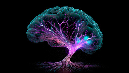 Abstract human brain neural network by colorful light particles flowing isolated on black background in concept A.I. artificial intelligence, science, technology, machine learning, neuroscience.