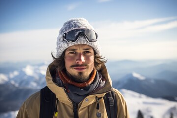 Fototapeta na wymiar Portrait of a drained boy in his 20s snowboarding on a mountain. With generative AI technology