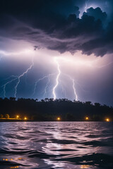Naklejka na ściany i meble Intense lightning at night, above water