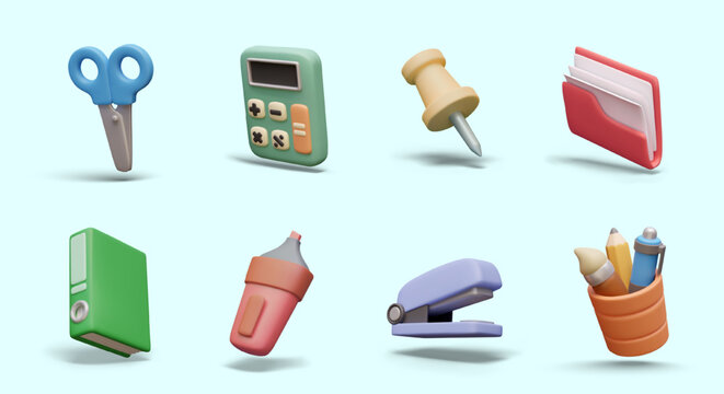 Scissors, calculator, office pin, marker, stapler, pencil cup