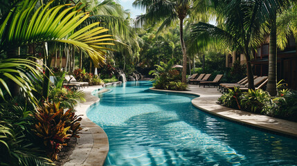 Obraz premium A tropical rest area with a swimming pool and palm trees