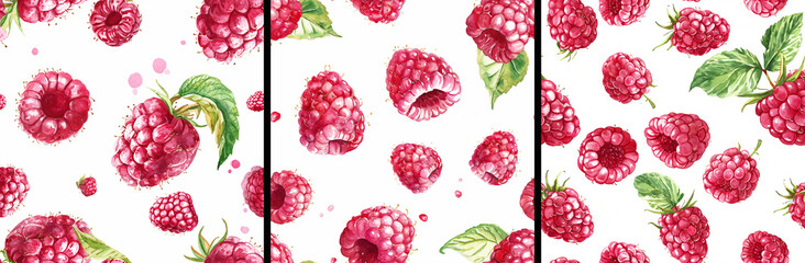 Set of 3 seamless raspberries patterns on a white background. In watercolor style. Repeating background for textile, print and texture. Сoncept of healthy eating, vitamins and vegetarianism