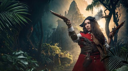 Female Pirate Aiming Musket in Jungle