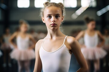 Fototapeta na wymiar Portrait of a focused kid female practicing ballet in a studio. With generative AI technology