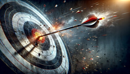 a powerful moment of impact as an arrow pierces the center of a bullseye target, capturing the...