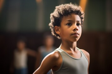 Portrait of a focused kid male practicing ballet in a studio. With generative AI technology