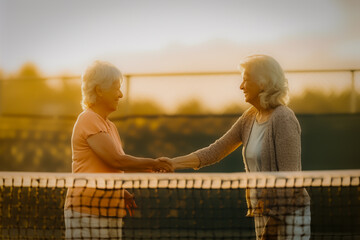 Two women, having finished a tennis match, shake hands over the net as a sign of sportsmanship.