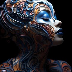 Luminescent patterns dancing gracefully on the contours of an otherworldly AI model's face