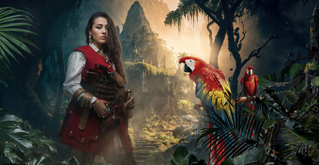 Pirate Woman with Parrot in Lush Jungle