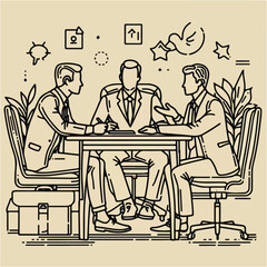 Fototapeta na wymiar In a meeting room, business people gather to discuss ideas, surrounded by icons and a clock. A visual representation of business concepts.