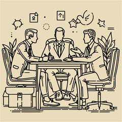 In a meeting room, business people gather to discuss ideas, surrounded by icons and a clock. A visual representation of business concepts.